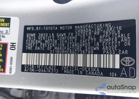 2016 Toyota Corolla S Premium z USA, uszkodzony, nr VIN 2T1BURHE8GC738789